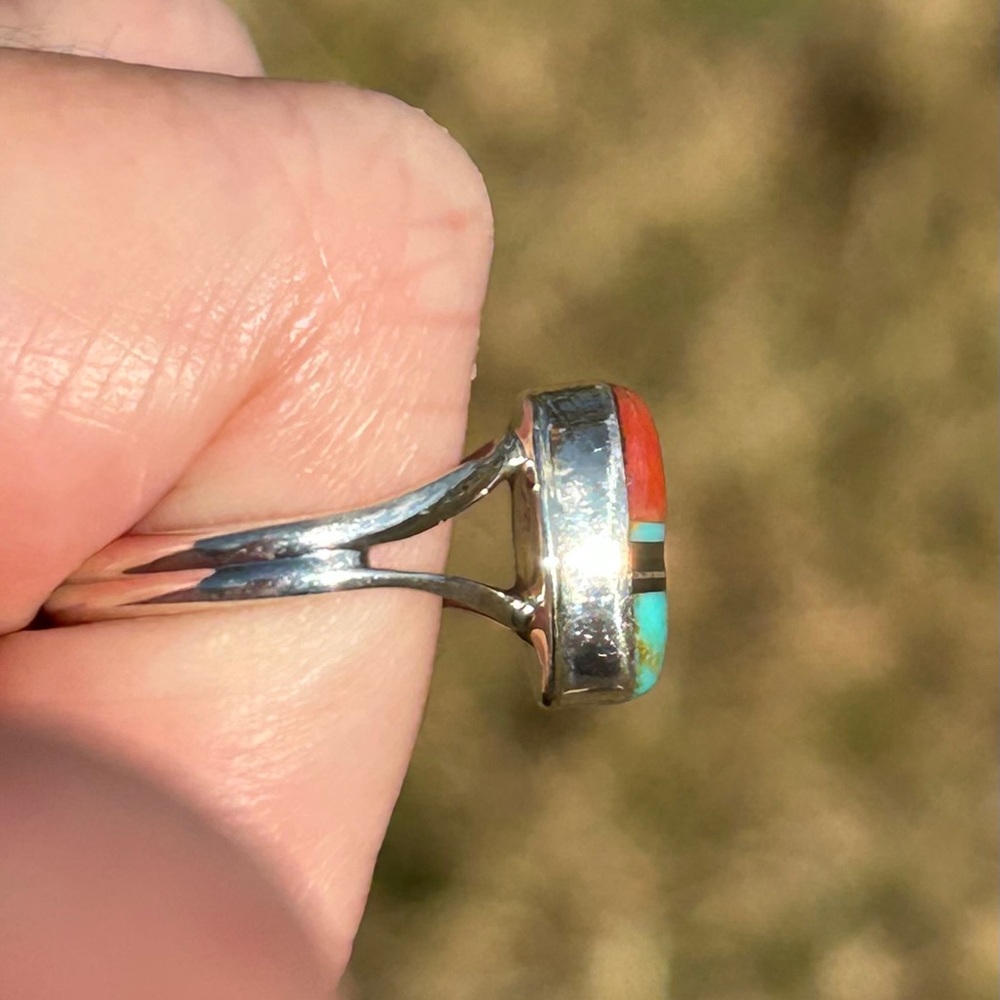 Zuni Navajo Made Sterling Silver Multi-Stone Inlay Ring - Picture 4 of 7